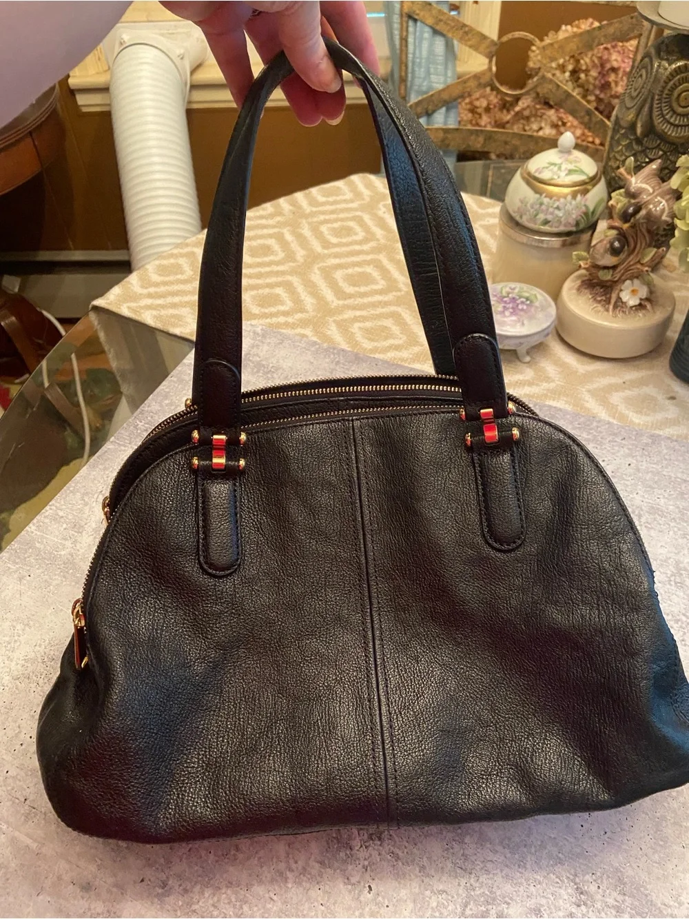 Lauren Ralph Lauren Black Leather Triple Pocket Dome Satchel